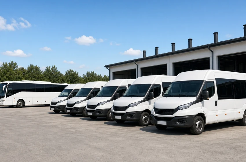 Fila de micro-ônibus Iveco Daily Minibus brancos em garagem de empresa de fretamento, com um ônibus rodoviário ao fundo