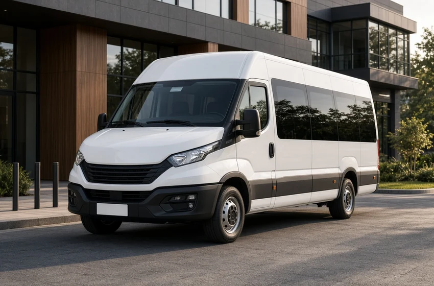 Micro-ônibus branco Iveco Daily Minibus estacionado em frente a prédio corporativo, ilustrando a compra de 33 unidades pela CBTour
