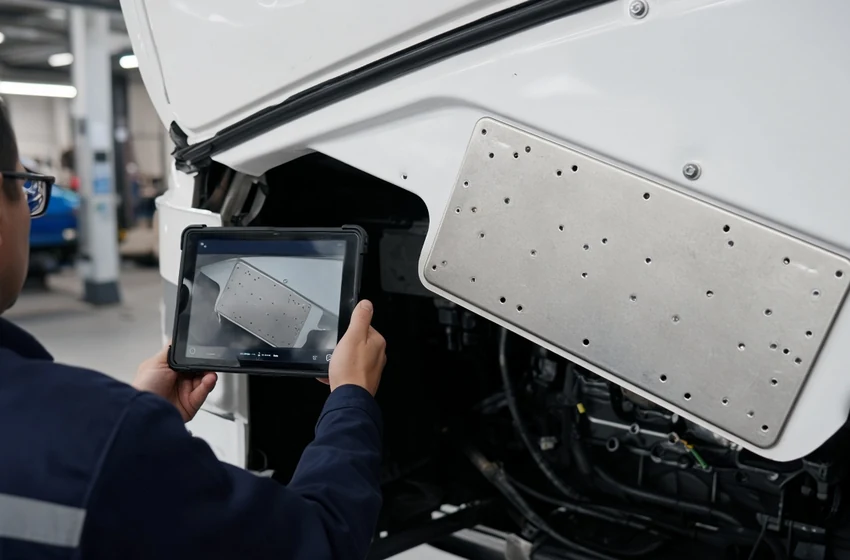 Vistoriador fotografando com tablet a plaqueta de identificação do motor de um ônibus durante vistoria para transferência de propriedade