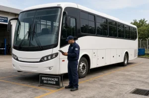 Ônibus rodoviário usado em pátio de vistoria veicular, com vistoriador conferindo a numeração do chassi com prancheta e tablet