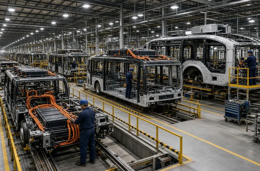 Linha de montagem de ônibus elétricos com chassis de piso baixo, baterias e cabos de alta tensão sendo instalados por técnicos