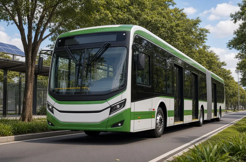 Ônibus elétrico superarticulado com carroceria no estilo Caio e-Millennium BRT circulando em corredor exclusivo arborizado em São Paulo