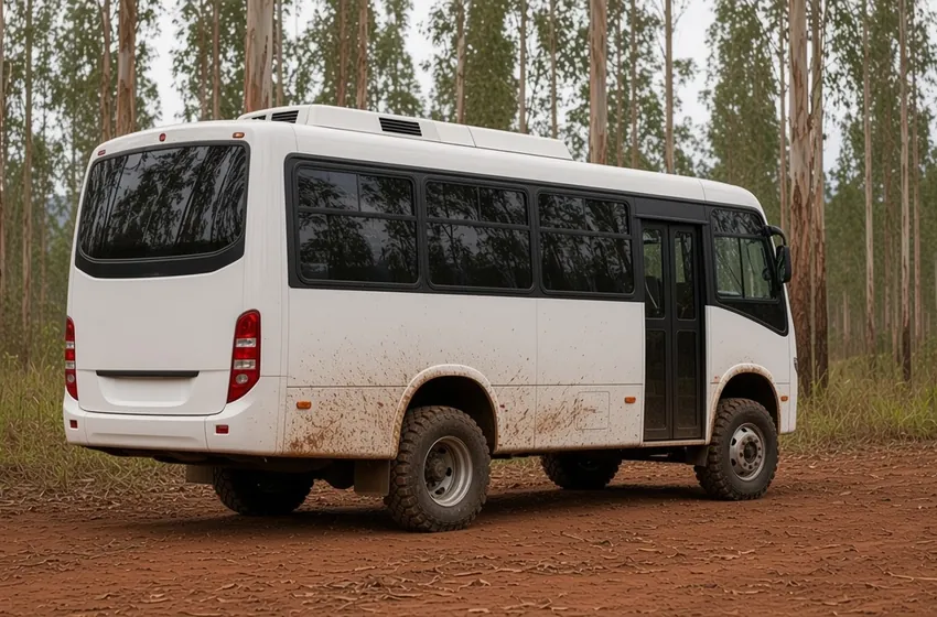 Ônibus de fretamento rural Ideale 800 Agro Tech Bus com pneus de uso misto e lama na lateral, parado em área de eucalipto