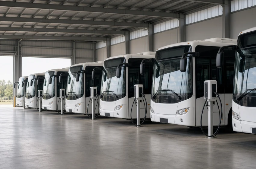 Frota de ônibus urbanos estacionada em garagem, ilustrando a renovação de frota prevista na licitação dos ônibus de Curitiba