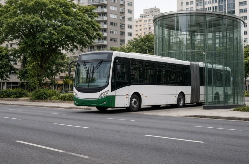 Ônibus articulado em estação-tubo, ilustrando a licitação dos ônibus de Curitiba suspensa pelo TCE-PR